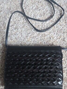 Etienne Aigner Black Woven Leather Crossbody Wallet Purse